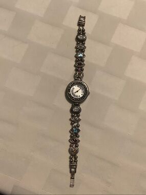 Silver-Tone Women's Decorative Bracelet Watch with Blue and Amber Accents